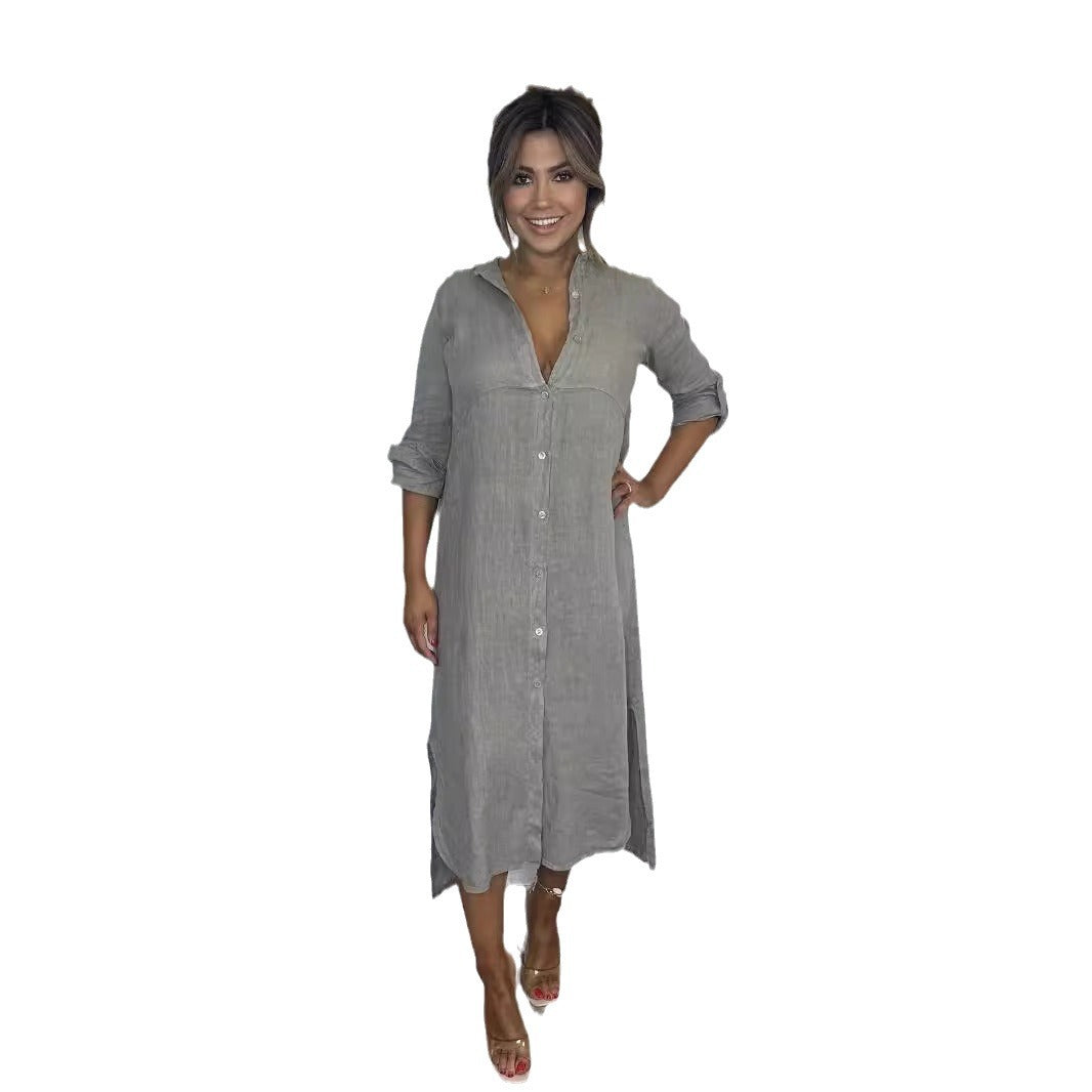 Damen Hemdblusenkleid aus leichtem, atmungsaktivem Leinenstoff mit seitlichen Schlitzen Drune
