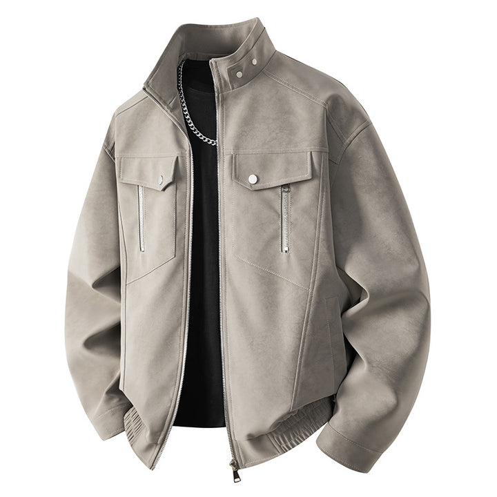 Herren Velours-Imitat Übergangsjacke im Bomberstil mit Stehkragen, Druckknopfleiste & elastischen Bündchen Drune