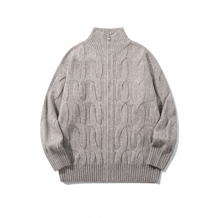 Unisex Grobgestrickter Reißverschluss-Cardigan mit Zopfmuster und hohem Rippkragen Drune