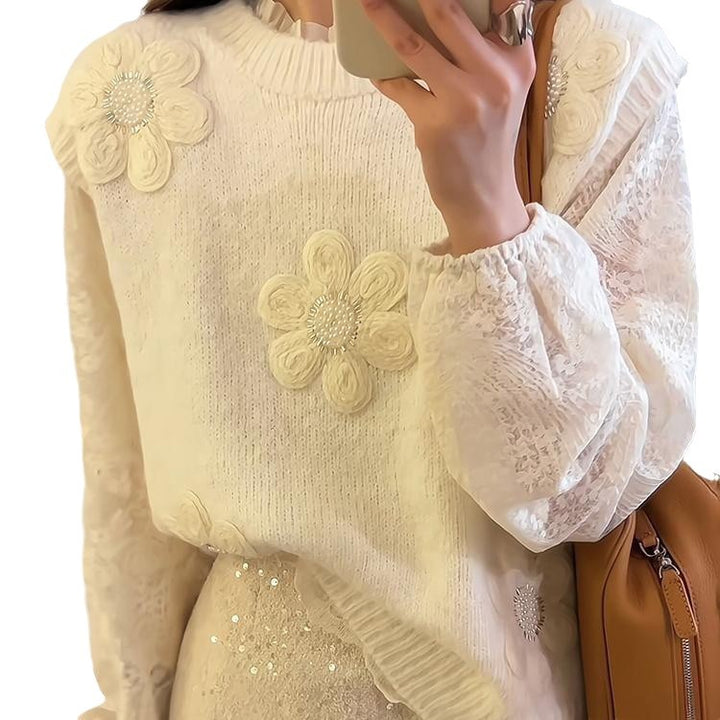 Damen Strickpullover mit floralen 3D-Applikationen Drune
