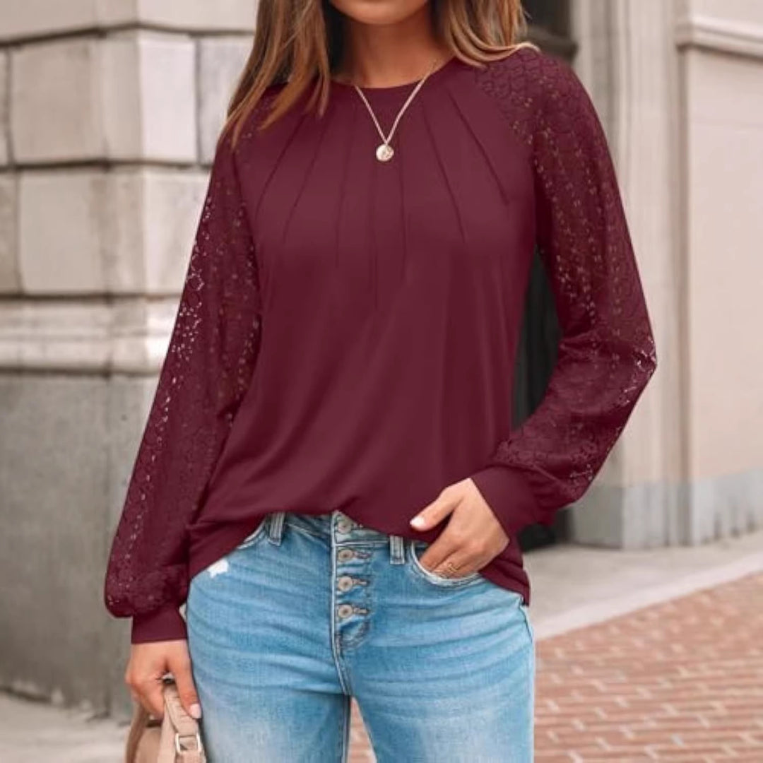 Damen Langarm-Bluse mit Spitzeneinsätzen und Kellerfalten Drune