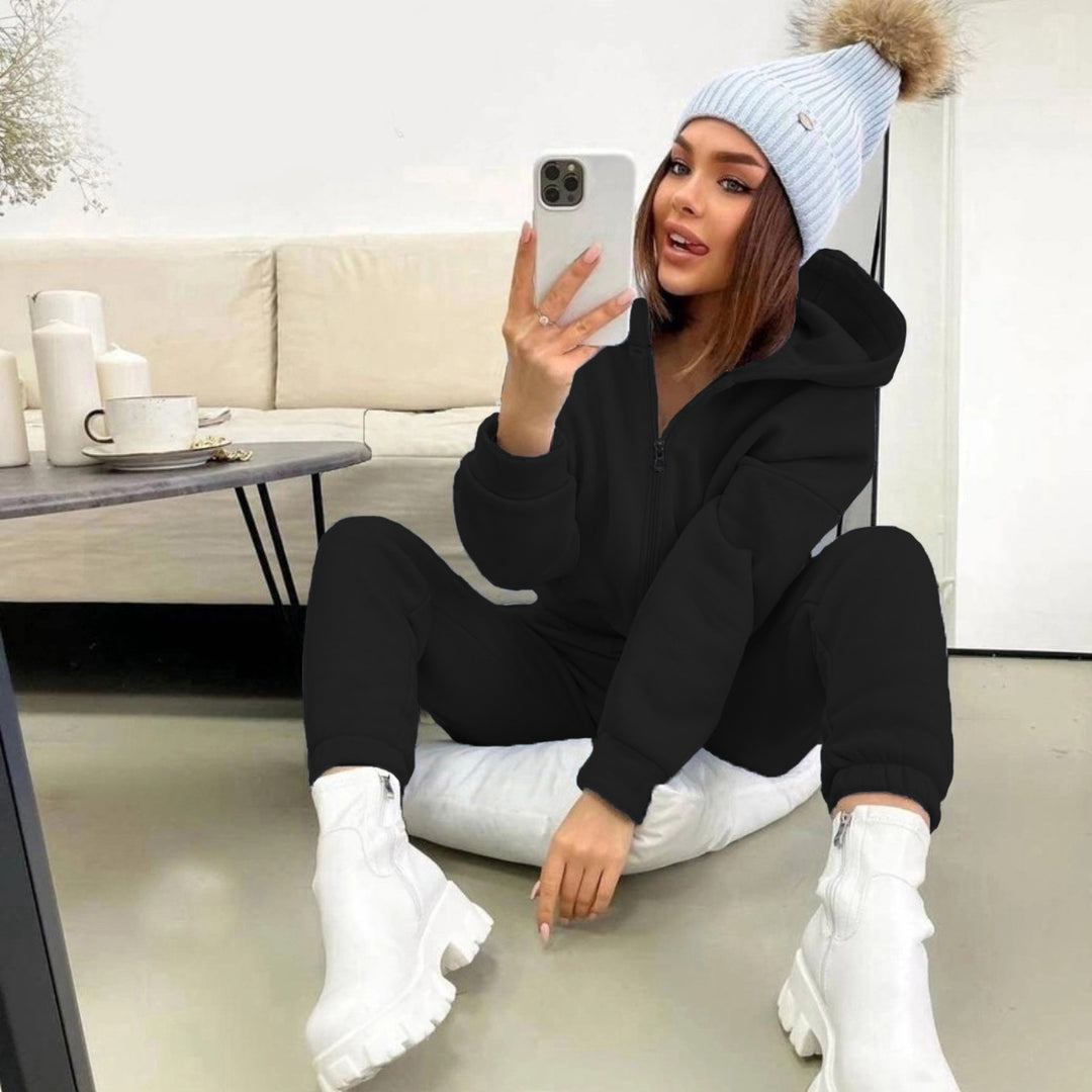 Damen Bequemer Fleece-Jumpsuit mit Kapuze und Reißverschluss Drune