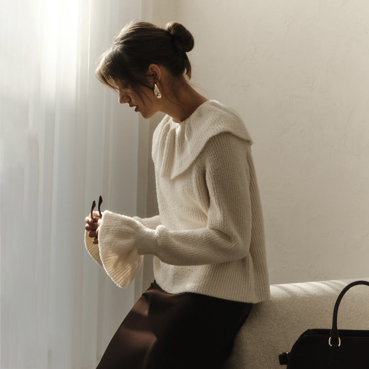 Damen Pullover mit weitem Rollkragen und Volantärmeln Drune