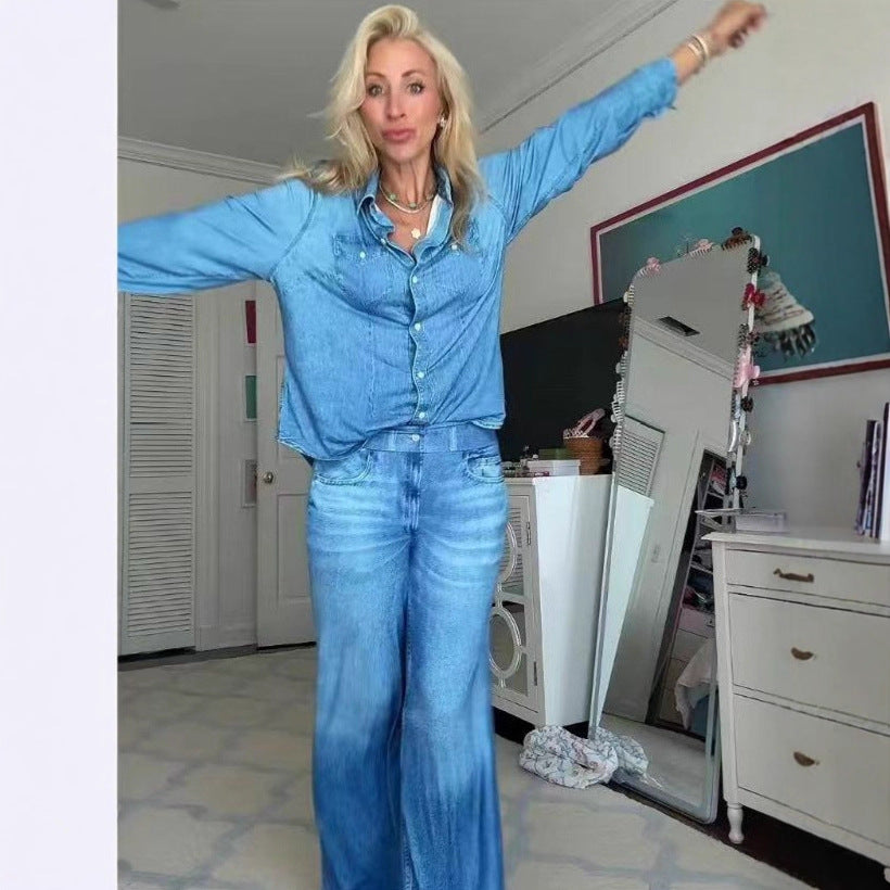 Damen Entspanntes Denim Loungewear-Set mit Übergröße Hemd und Weiten Schlaghosen Drune