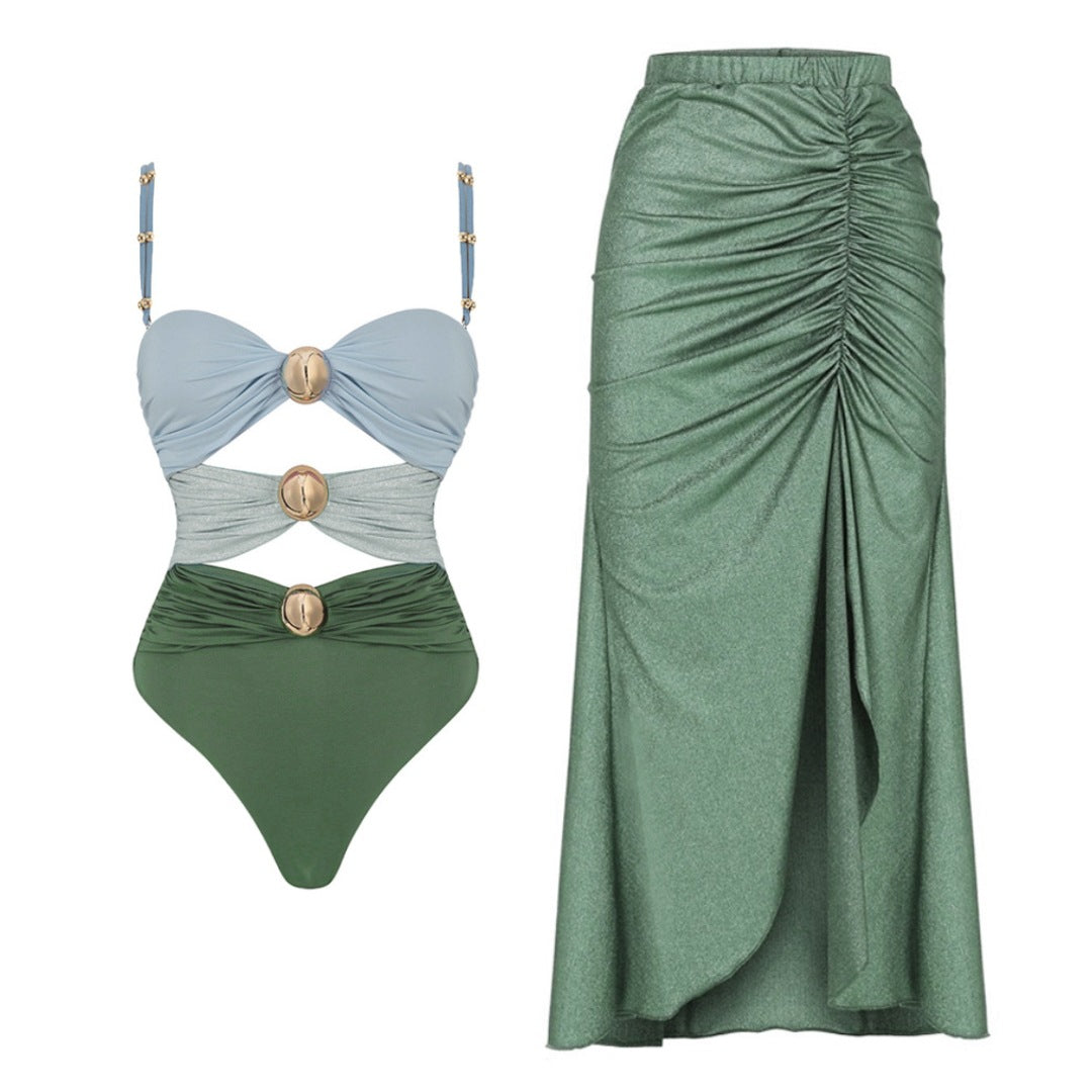 Damen Badeanzug mit raffinierten Drapierungen und eleganten Goldakzenten Drune