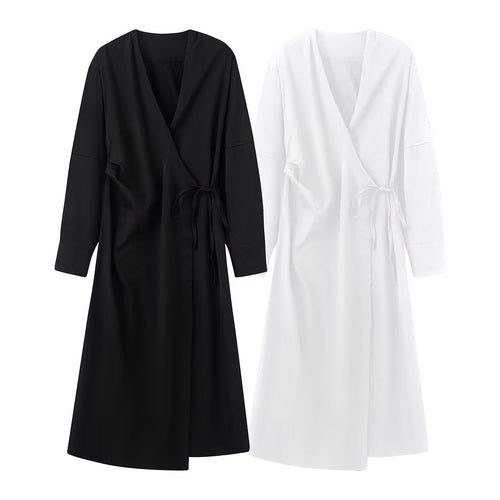 Damen Wickel‑Midikleid mit V‑Ausschnitt und Bindegürtel Drune