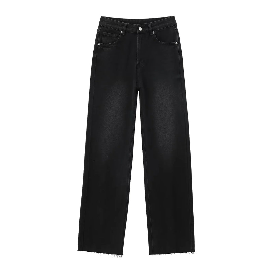 Damen nan hochgeschnittene weite Denimjeans mit geradem Bein und Fransensaum Drune