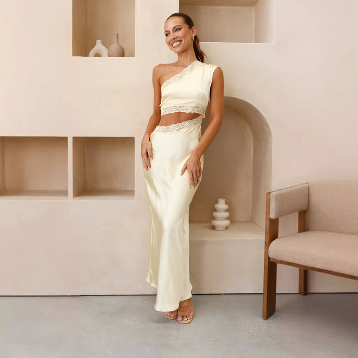 Damen elegantes Hochzeitskleid mit asymmetrischem Design und Spitze Drune