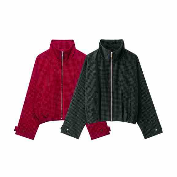 Damen Karierte Cropped Jacke mit Stehkragen und Reißverschluss Drune