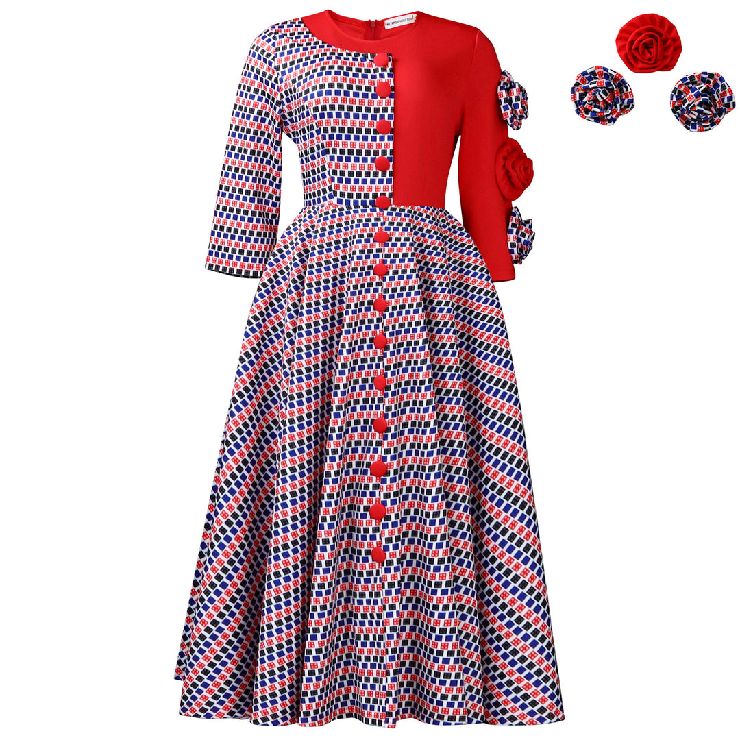 Damen Elegantes Kleid mit grafischem Muster und mehrfarbigen Details Drune