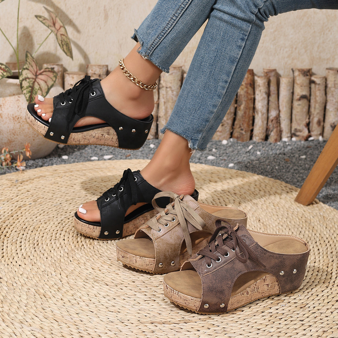 Damen Keil‑Sandaletten mit Schnürung und Korkplateau Drune
