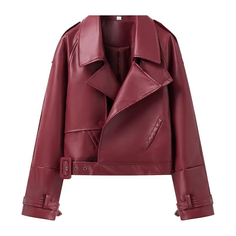 Damen cropped Kunstlederjacke mit wasserdichtem Finish und asymmetrischem Kragen Drune