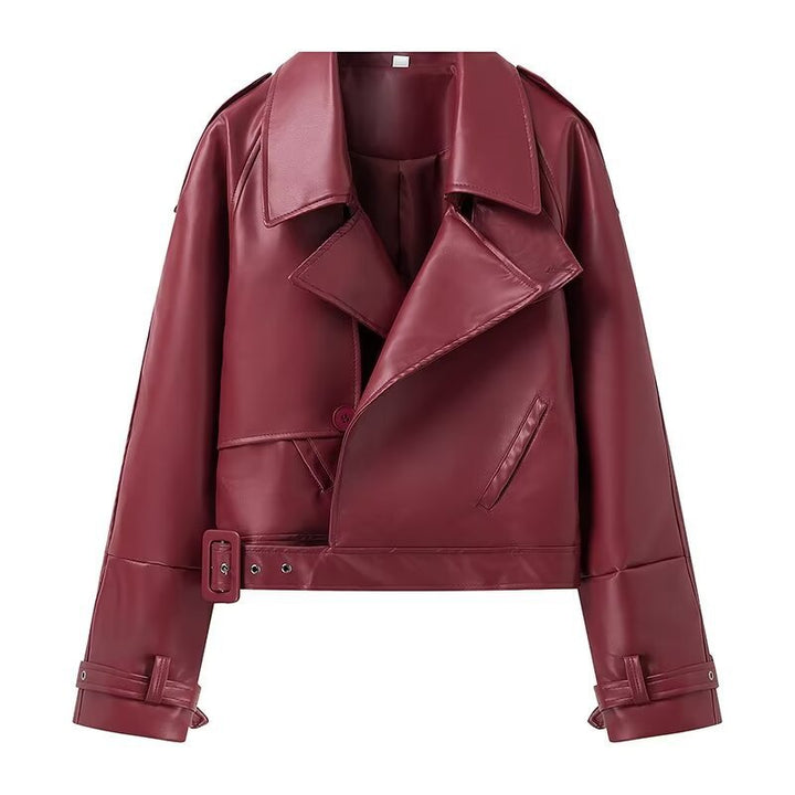 Damen cropped Kunstlederjacke mit wasserdichtem Finish und asymmetrischem Kragen Drune
