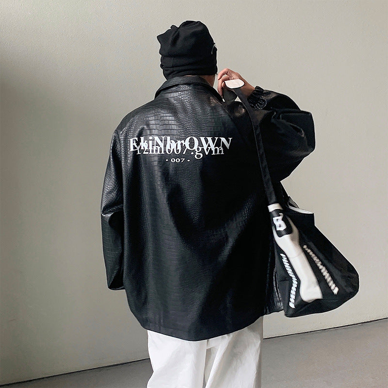 Herren Oversized Kunstlederjacke mit Krokodilprägung und Rückenlogo Drune