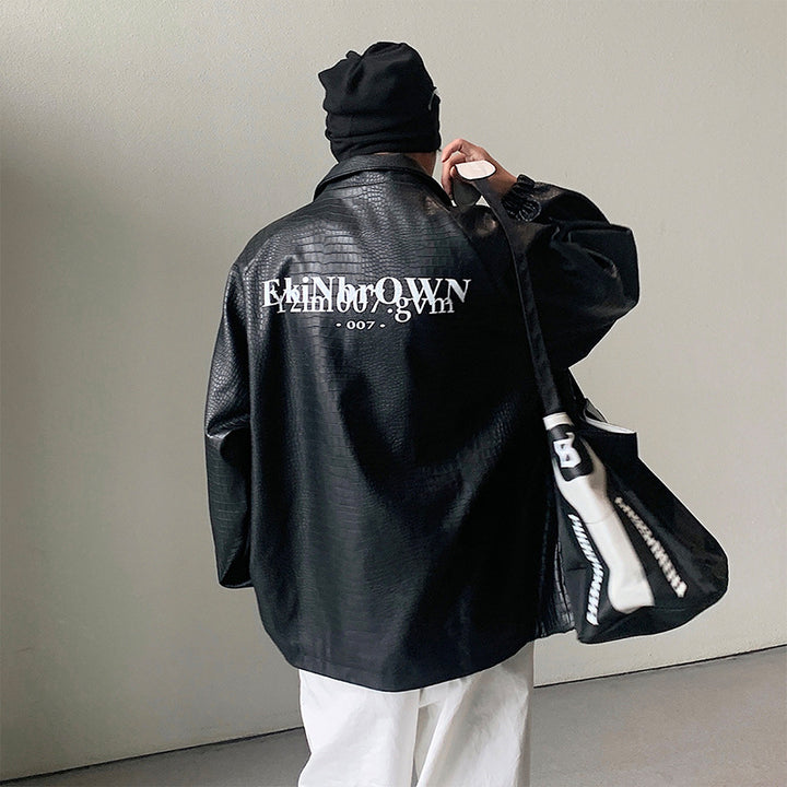 Herren Oversized Kunstlederjacke mit Krokodilprägung und Rückenlogo Drune