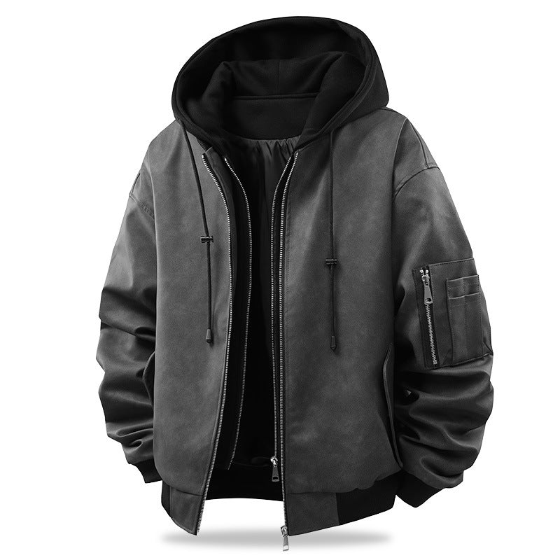 Herren Oversized Kunstleder-Bomberjacke mit Kapuze, Ärmeltasche und Reißverschluss Drune