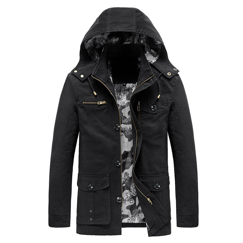 Herren Kapuzen-Canvas-Fieldjacke mit Camouflage-Innenfutter, Multifunktions‑Taschen und Reißverschluss‑Knopfleiste Drune