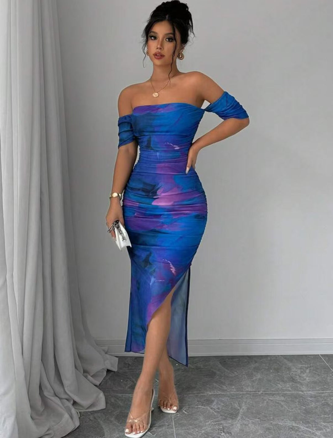 Damen elegantes Off-Shoulder Kleid mit raffinierten Rüschen Drune