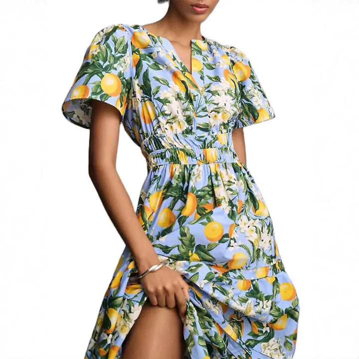 Damen Langes Wickelkleid mit elastischem Taillenzug und stilvollem Muster Drune