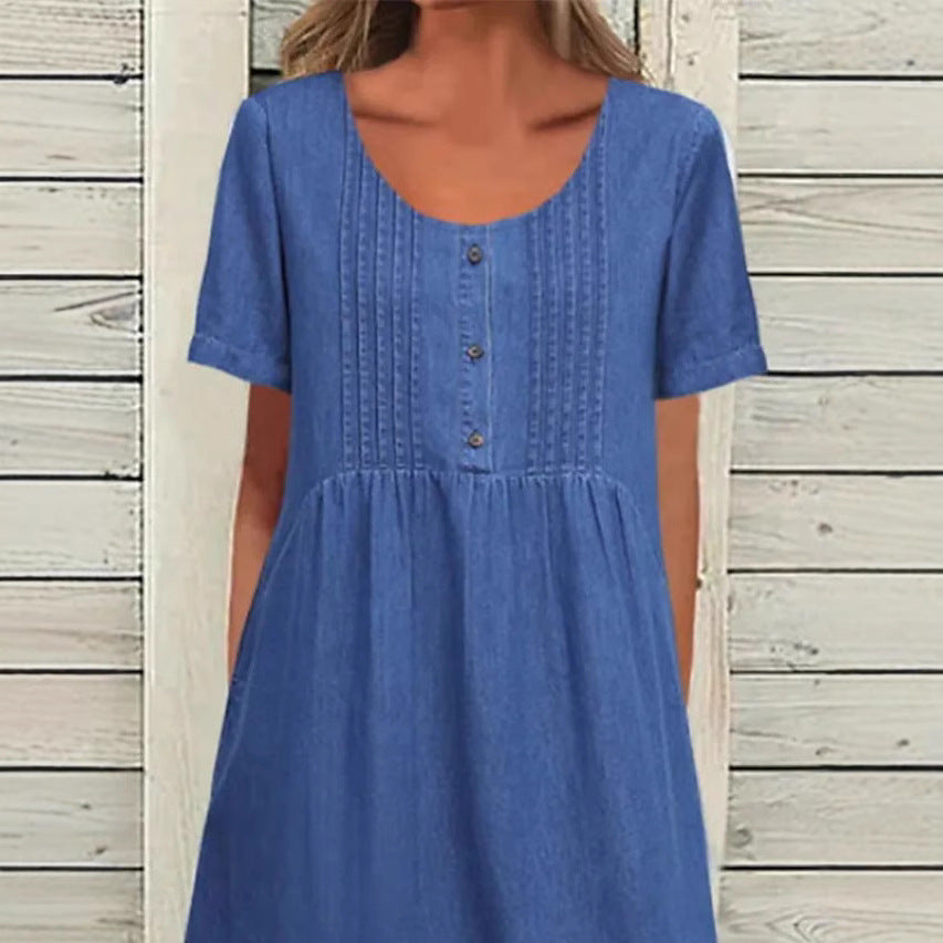 Damen nan locker sitzendes Midikleid im Denim-Look mit Rundhalsausschnitt, Brustbiesen und seitlichen Eingrifftaschen Drune