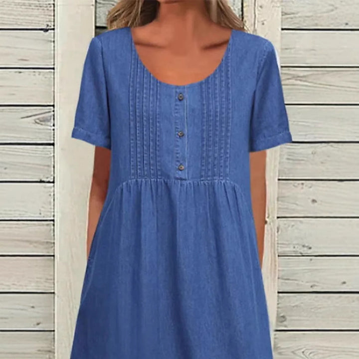 Damen nan locker sitzendes Midikleid im Denim-Look mit Rundhalsausschnitt, Brustbiesen und seitlichen Eingrifftaschen Drune