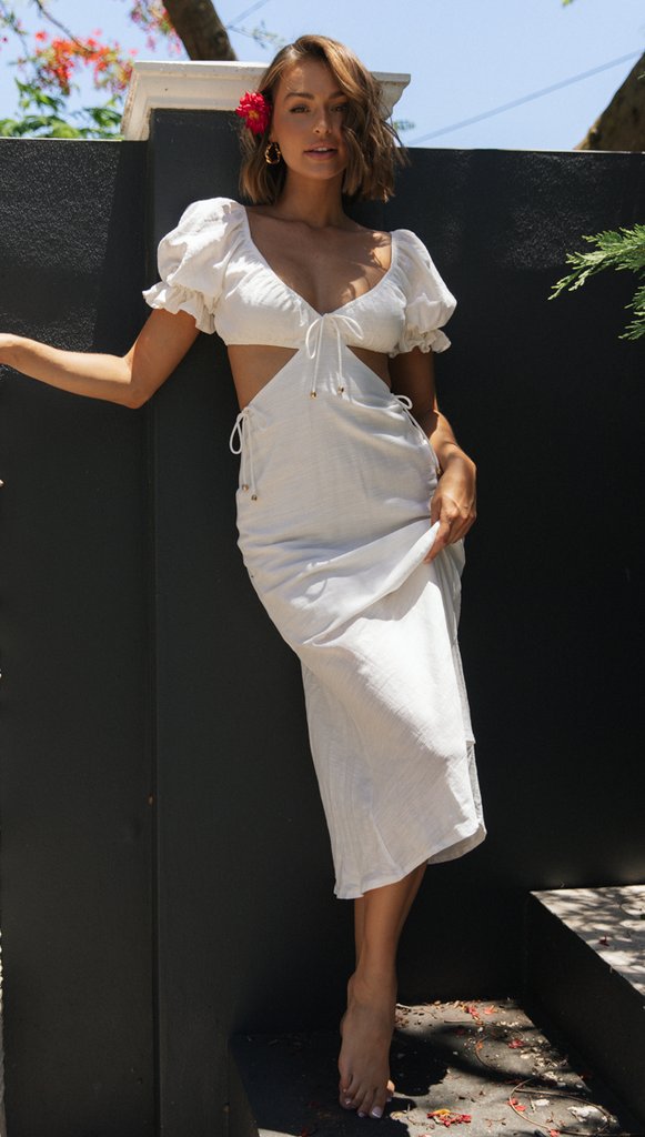 Damen elegantes Maxi Kleid mit puffärmeligen Design und seitlichem Schlitz Drune