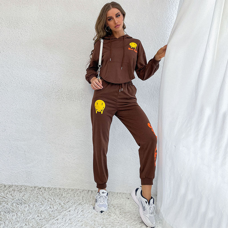 Damen Cropped Kapuzenpullover- und Jogginghose-Set mit Smiley-Print Drune