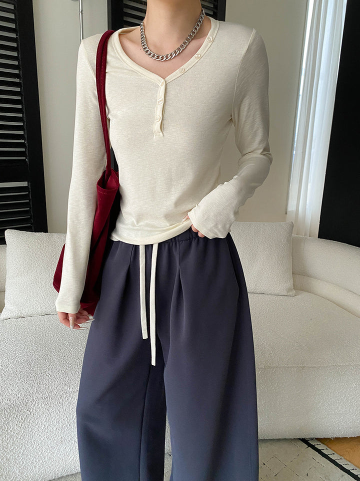 Damen Langarmshirt mit V-Ausschnitt und Knopfleiste Drune