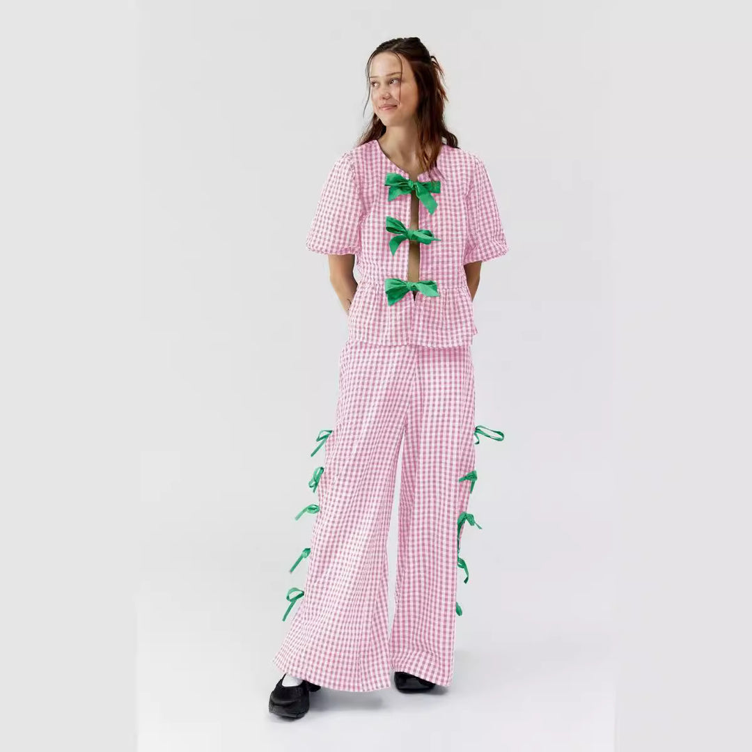 Damen Weite Karohose mit dekorativen Schnürdetails Drune