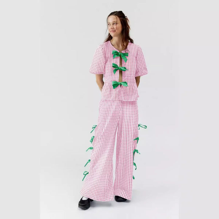 Damen Weite Karohose mit dekorativen Schnürdetails Drune