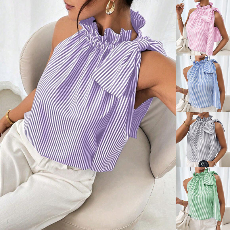 Damen Ärmellose Crêpe-Bluse mit gerafftem Stehkragen und Schulter-Schleife Drune