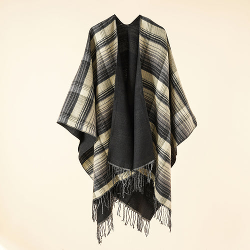 Damen Kastiger Plaid-Ruana aus leichtem Wollmix mit dekorativem Fransensaum Drune