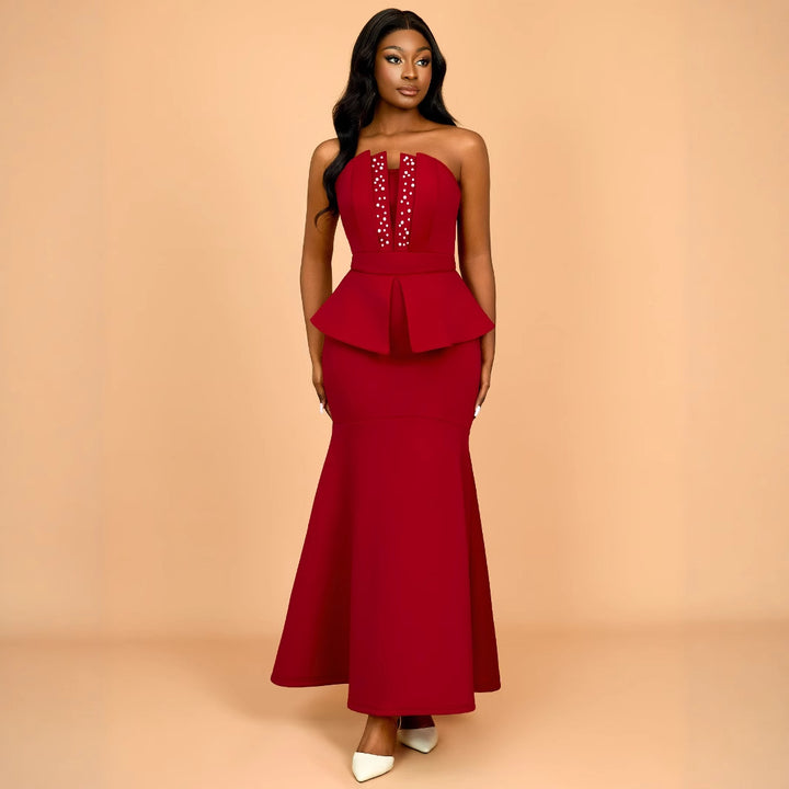 Damen Abendkleid mit schimmernden Details und voluminösem Peplum Drune