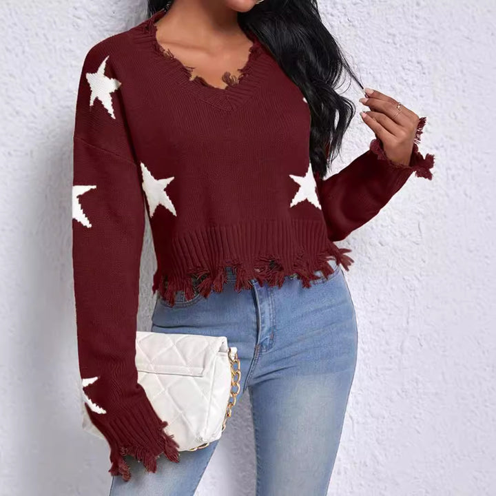 Damen modischer Sweatpullover mit Sternenmotiv und ausgefranstem Saum Drune