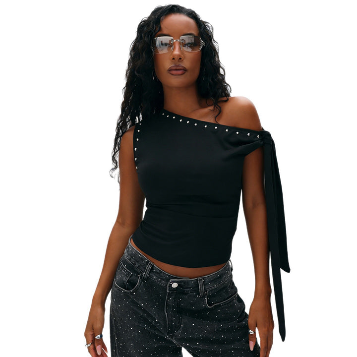 Damen Elegantes One-Shoulder Top mit dekorativen Steinen Drune