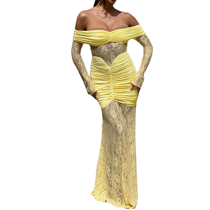 Damen Elegantes Maxikleid mit transparenten Spitzendetails und tailliertem Schnitt Drune