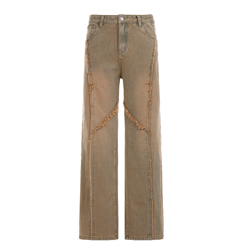 Damen nan hochgeschnittene Wide‑Leg Jeans mit offenen Saumnähten, diagonalem Fransenbesatz und Relaxed Fit Drune