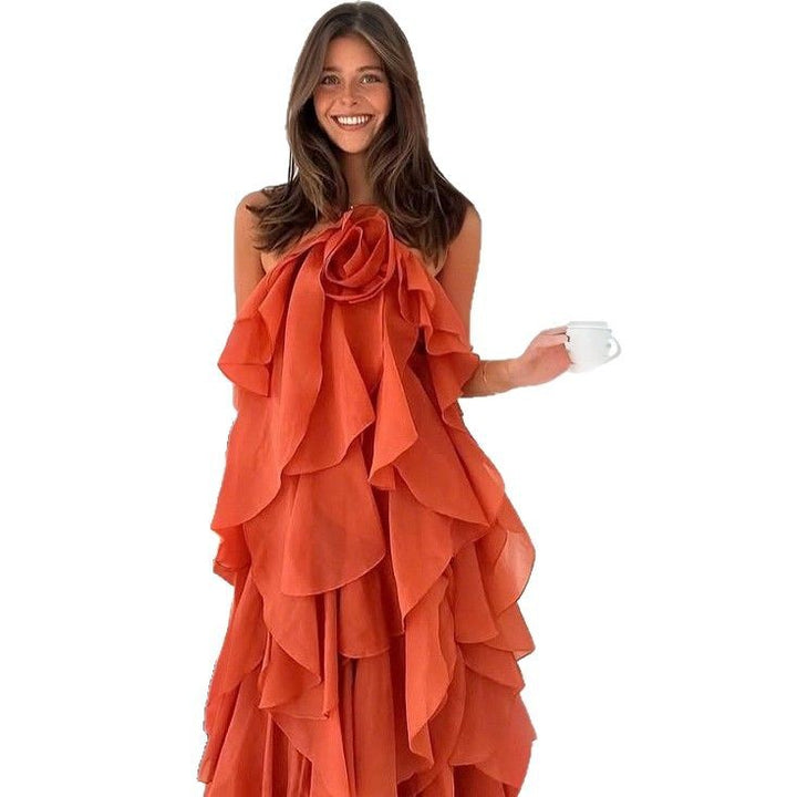 Damen luftiges Maxikleid mit geschichteten Rüschendetails und zarter Blumenapplikation Drune