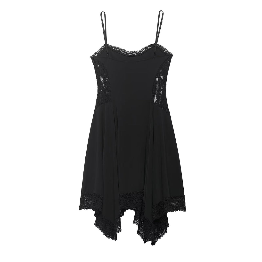 Damen Spitzen- und Satin-Kleid mit asymmetrischem Saum und verstellbaren Trägern Drune