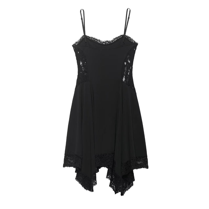 Damen Spitzen- und Satin-Kleid mit asymmetrischem Saum und verstellbaren Trägern Drune