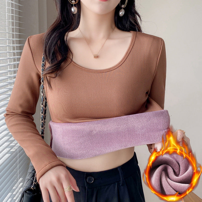 Damen modisches Cropped-Langarmshirt mit Rippstruktur Drune