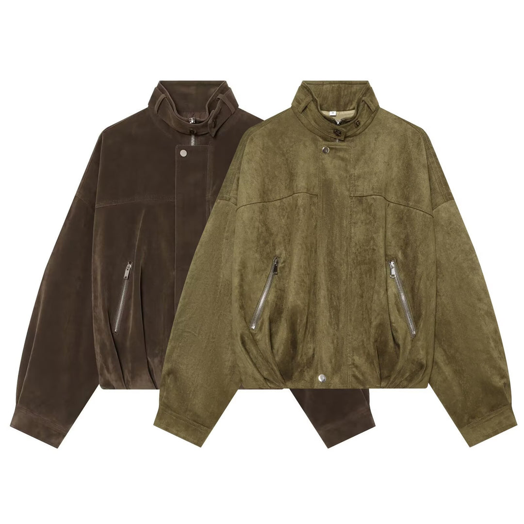 Damen Oversize-Wildleder‑Bomberjacke mit hohem Stehkragen und Reißverschlusstaschen Drune