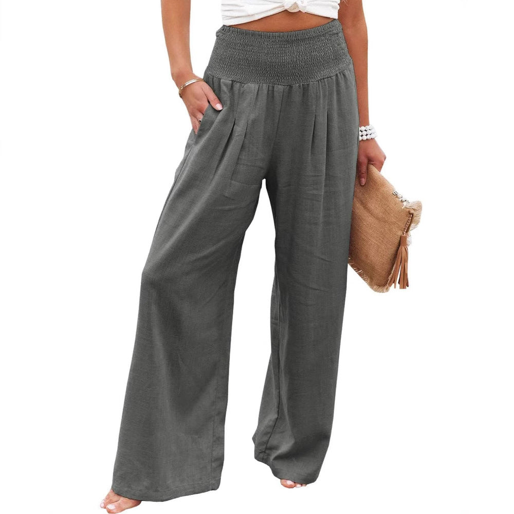 Damen Weite Leinenhose mit elastischem Bund und Falten Drune