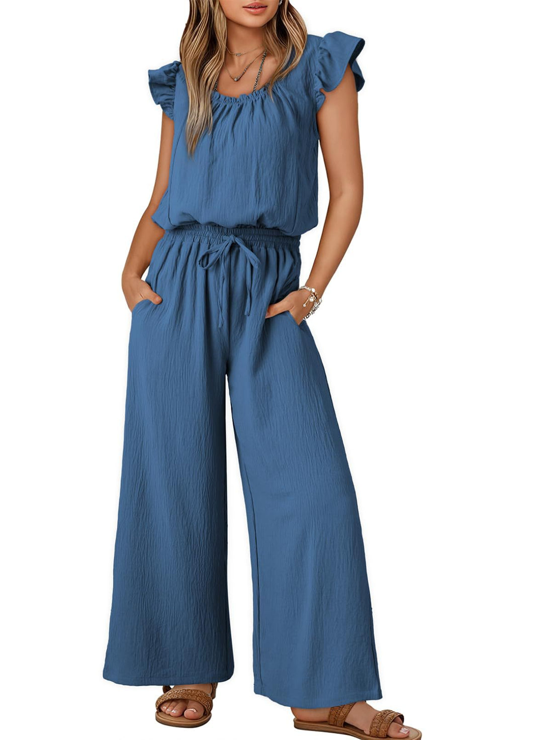 Damen Crinkle-Overall mit weitem Bein, elastischem Taillenbund und Rüschenärmeln Drune