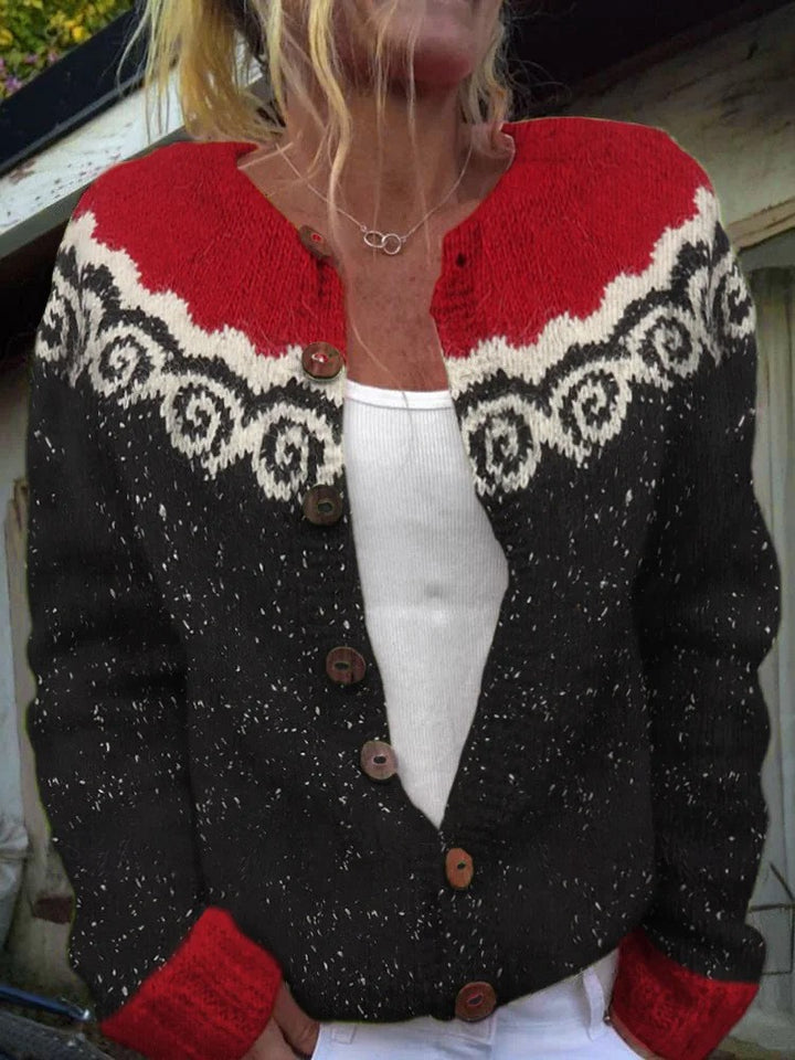 Damen nan gemusterte Strickjacke mit Rundpasse, Holzknöpfen und Eingrifftaschen Drune