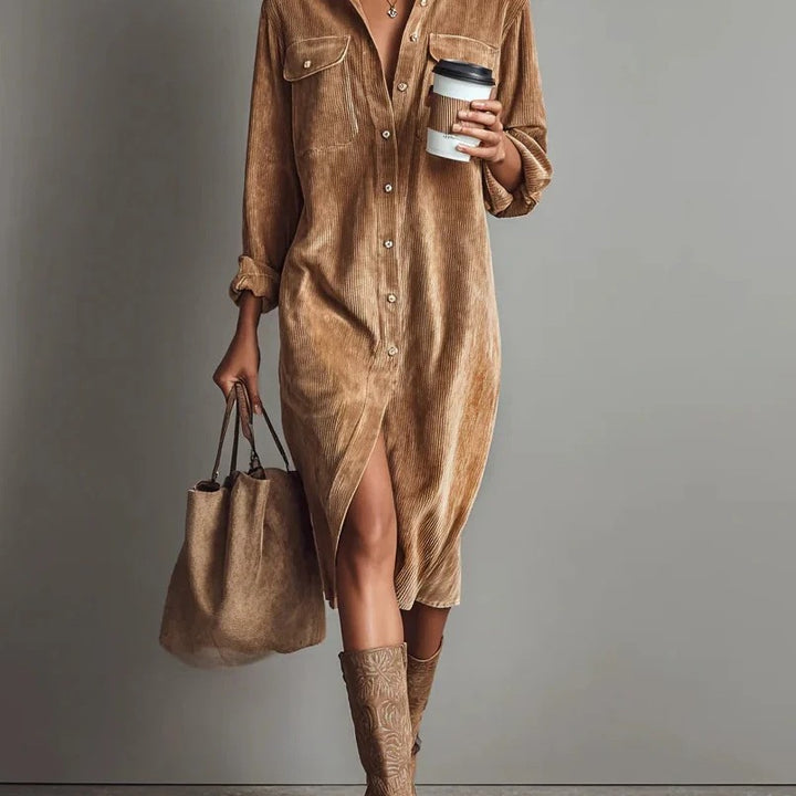 Damen Hemdblusenkleid aus Cord mit Brusttaschen, Knopfleiste und Schlitze Drune