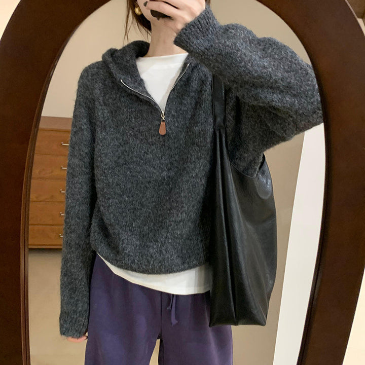 Damen bequemer Hoodie-Pullover mit halbem Reißverschluss und Puffärmeln Drune