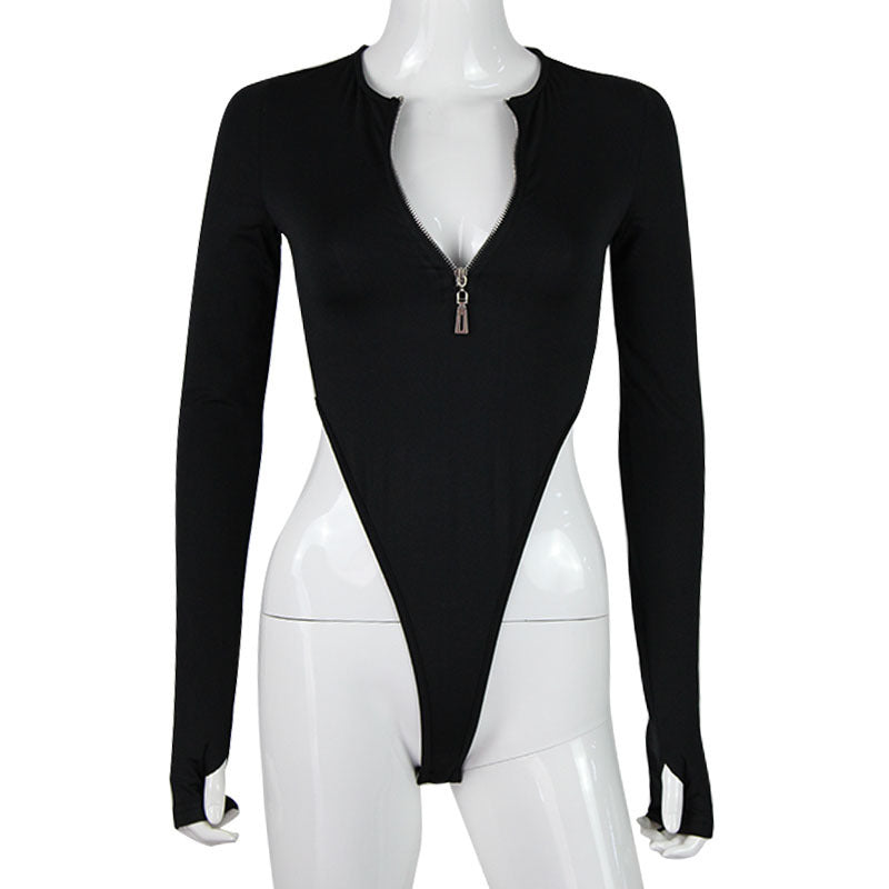 Damen Langarm-Bodys mit Reißverschluss und seitlichem Cut-Out Drune