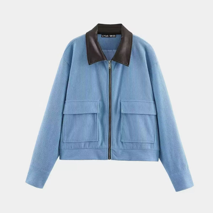 Damen Kurze Cordjacke im Blousonstil mit Lederkragen und aufgesetzten Klappentaschen Drune