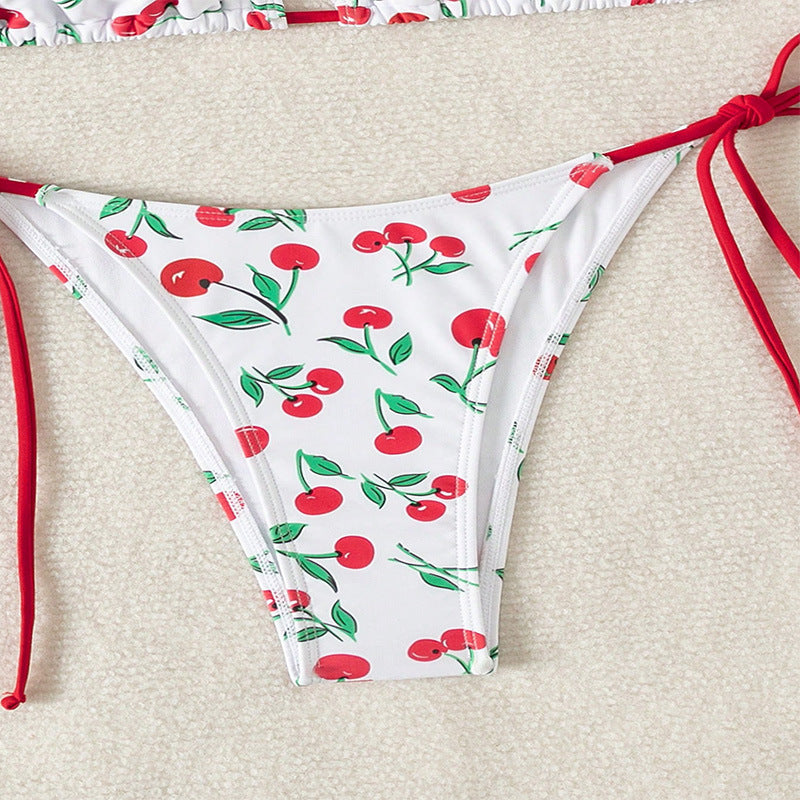 Damen Triangel-Bikini mit Krawattenverschluss und verspieltem Kirschdesign Drune
